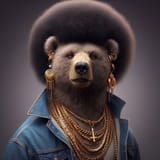 A realistic bear with an afro mohawk, earrings, many goldchains and a jeansvest (1)