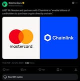 Screenshot 2025-07-16 at 17-00-07 Watcher.Guru on X JUST IN Mastercard partners with Chainlink to enable billions of cardholders to purchase crypto directly onchain. https __t.co_KXbkQKE694 _ X