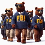 Several realistic bears in FBI garment. Deep State written on it. Wearing sunglasses, marching tog (1)