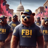 Several realistic bears in FBI garment. Deep State written on it. Wearing sunglasses, marching tog (4)
