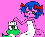 [www.bury.pink] bow red_bow green_eyes bury_pink yosho blue_hair pink_skin 2characters white_dress pink_background hair_bow twintails carat_smiley no_pupils gutsybird - 989