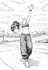 1girl, sports bra, baggy pants, barefoot, ankle bracelet, waving hand, schoolyar s-1039809206