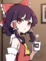 07282-2799547147-Masterpiece, best quality, best work, beautiful face, from side, morning, indoors, drinking coffee, holding coffee cup, reimu ha