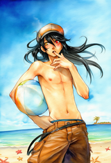 1boy, watercolor (medium), light blue background, starfish, beachball, year 2009 s-3167768534