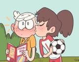 17861 - 2020 artist_laugh-out-loud-house ball blushing character_lincoln_loud character_lynn_loud comic_book eyes_closed football holding_object kissing lynncoln shocked