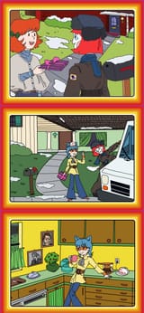 9128 - 3girls artist_astraltellurian belt character_amelia_bedelia character_wendy_bishop colored comic crossover curtain detailed_background flower from_behin (1)