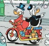 Scrooge and Glomgold on motorbike