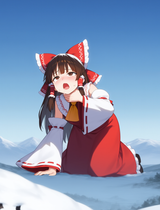 Reimu gasping for air on a snowy mountain