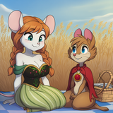 2girls, fur dataset, {traditional media}, picnic basket, picnic, checkered blank s-624905685