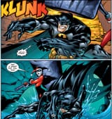 Normal Human Batman is strong enough to hurt Darkseid yet Harley Quinn can KO him with a wooden hammer