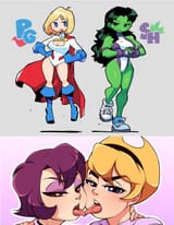 power girl and she-hulk kissing in a perfectly normal way