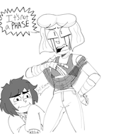 10033 - 2girls angry artist_request bandage belly_button black_and_white character_darcy_boyle character_e...hand_on_hip holding_back_laughter human joints laughing mascara midriff monochrome nandroid no_background open_mouth pants