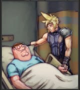Cloud Strife comforts Peter Griffin