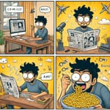 4 panel comic of a comic artist making a comic while eating macaroni and cheese 4