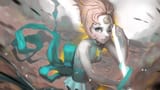steven_universe_pearl_blinking_eye_with_grean_dress_and_scarf_on_back_flying_on_wind_brown_hair_with_background_of_blur_mountain_and_sky_hd_movies