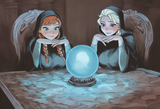 2girls, pondering the orb (meme), indoor, dark background, orb, looking glass, i s-2888615224