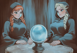 2girls, pondering the orb (meme), indoor, dark background, orb, looking glass, i s-1195397484