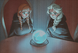 2girls, pondering the orb (meme), indoor, dark background, orb, looking glass, i s-118763008
