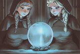 2girls, indoor, dark background, orb, looking glass, identical pose, seated, aqu s-2626158027