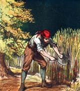 Unbekannt_-_Reaper_beginning_to_cut_crop_of_wheat_with_a_sickle_1867_-_(MeisterDrucke-753900)