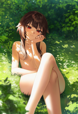 1girl, megumin, nude, reclining, on back,convenient censoring, thighs, ass, cros s-1429179386