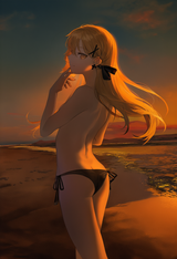 1girl, ppk (girls&#039; frontline), bikini, beach, twilight, floating hair, median fu s-3501809953