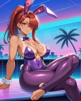 1666705556264769-3601467969-source_anime, woman, sitting, long hair, red hair, ponytail, hair over eye, large breasts, purple vaporwave bunnysuit, stirrup l