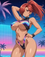 1666705556264761-1672528787-source_anime, woman, long hair, red hair, ponytail, hair over eye, large breasts, vaporwave stripper outfit, erect nipples, came