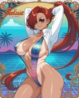 1666705556264810-1364036803-source_anime, woman, stretching, long ponytail, red hair, hair over eye, sunglasses, large breasts, revealing clothes, erect nip