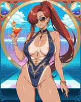 1666705556264812-3109485985-source_anime, woman, long ponytail, red hair, hair over eye, sunglasses, large breasts, revealing clothes, erect nipples, areola
