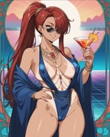 1666705556264813-3109485987-source_anime, woman, long ponytail, red hair, hair over eye, sunglasses, large breasts, revealing clothes, erect nipples, areola