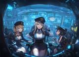 [3girls], submarine interior, headset, radar chart, peaked cap, piping, {large b s-2298712651