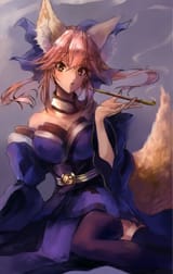 masterpiece best_quality tamamo cleavage fox_tail holding holding_smoking_pipe kiseru large_breasts looking_at_viewer open_mouth sitting smoking tamamo_(fate)