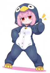 00002-442370744-1girl, solo, general, full body , straight on , thumbs up, penguin onesie , standing , dutch angle, contrapposto, dynamic perspe