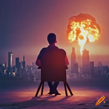 craiyon_005637_The_end_of_the_world_with_a_man_sitting_in_a_chair_watching_the_Final_sunset_as_a_nuclear_bomb_explo