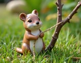 FLUX-00381-ceramic figurine of Australian round cheeks long tail small adorable quokka holding rope from thin tree branch in the middle of grassy garden