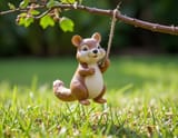 ceramic figurine of Australian round cheeks long tail small adorable quokka holding rope from thin tree branch in the middle of grassy garden