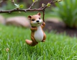 FLUX-00382-ceramic figurine of Australian round cheeks long tail small adorable quokka holding from thin tree branch in midair in the middle of grassy garden.PNG