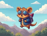 FLUX-00384-pixel art style pixels pixel art Australian brown color scheme round cheeks long tail small adorable quokka wearing dark blue denim jacket, aviator goggles and rocket jetpack, flying through sky in midair.PNG