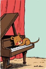 FLUX-00385-Charles Schulz Comic. &lt;Australian brown color scheme round cheeks long tail small adorable quokka laying down on grand piano&gt; pinkish red curtain backdrop