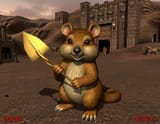 FLUX-00386-POV, First person shooter, holding golden spade, Doom videogame in-game screenshot, Australian brown color scheme round cheeks long tail small adorable quokka statue