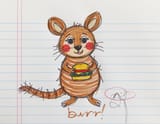 child&#039;s &lt;brown&gt; &lt;red&gt; and &lt;black&gt; crayon scribble s on notebook paper. distorted and wrapped &lt;Australian brown color scheme round cheeks long tail small adorable quokka holding cheese hamburger&gt;. drawn in squiggly lines only c