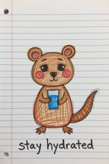child&#039;s &lt;brown&gt; &lt;red&gt; and &lt;black&gt; crayon scribble s on notebook paper. distorted and wrapped &lt;Australian brown color scheme round cheeks long tail small adorable quokka holding glass of water&gt;. drawn in squiggly lines only cra