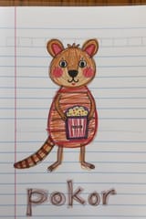 child&#039;s &lt;brown&gt; &lt;red&gt; and &lt;black&gt; crayon scribble s on notebook paper. distorted and wrapped &lt;Australian brown color scheme round cheeks long tail small adorable quokka holding popcorn bucket&gt;. drawn in squiggly lines only cra
