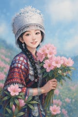 20250621_1451_Miao Woman in Blossom_remix_01jy98kwxdew39t5q057k5dr3c