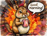FLUX-00390- ink style, speech bubble reads %22Good morning%22 expressive and colorful panel displaying [zoom out] [Australian brown color scheme round cheeks long tail small adorable quokka holding hot cocoa mug] explosive background