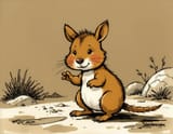 Charles Schulz Comic. &lt;Australian brown color scheme round cheeks long tail small adorable quokka waving paw at viewer&gt;