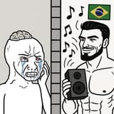 Create an image of a brainlet wojak crying and being bothered by the gigachad in the apartment next door blasting Brazilian music