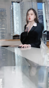 A beautiful young japanese girl sitting at a shiny desk, wearing a blazer, city skyline outside window,