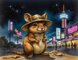 FLUX-00396-1982 dungeons and dragons, 1980s ink style, high fantasy setting, [enormous neon lights Mall] in the distance, Australian brown color scheme round cheeks long tail small adorable quokka wearing rice farmer hat over tiny ears